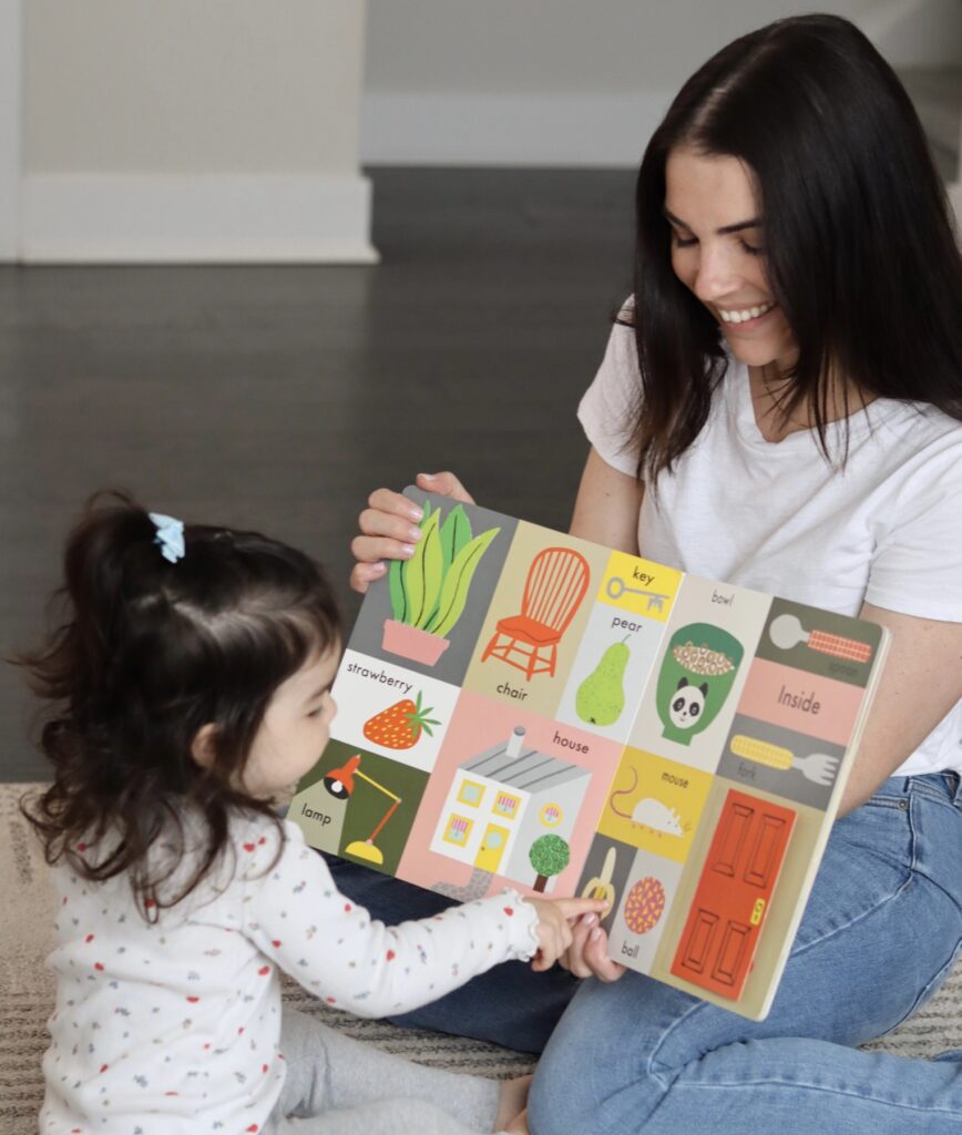 A speech-language pathologist and a young child looking at a picture vocabulary book together