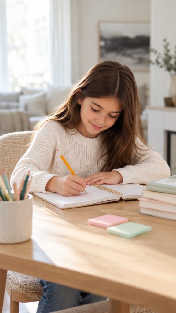 A girl writing in a planner at a table, with books and sticky notes beside her
