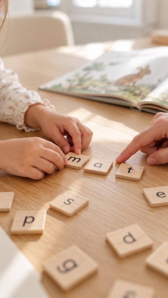 A young child arranging wooden letter tiles while an adult points to one