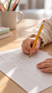 A child carefully writing the alphabet on lined handwriting paper