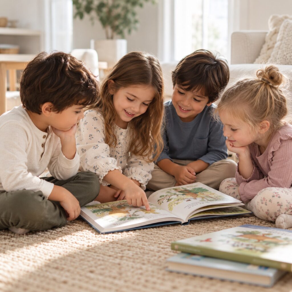 Four young children sharing a picture book on a rug