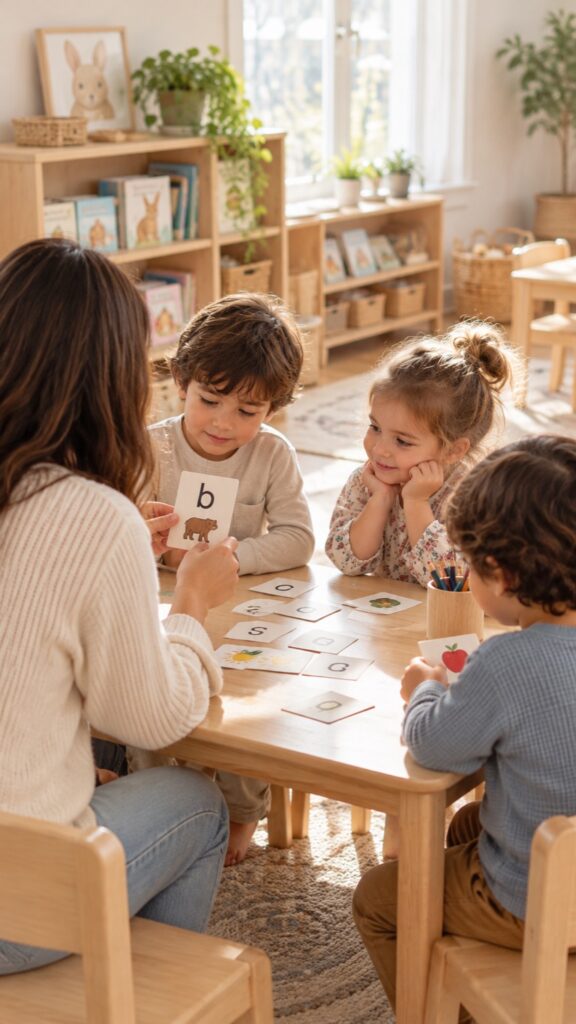An educator holding up a letter card for a small group of preschoolers