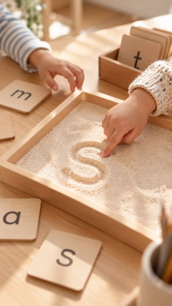 A child tracing the letter s in a tray of sand beside wooden letter cards